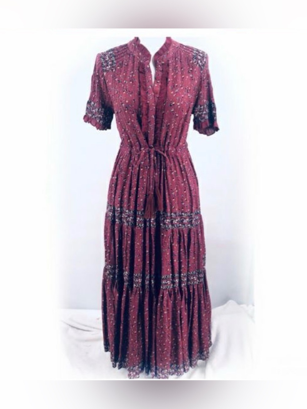 Free People Rare Feelings Burgundy Floral Tiered Maxi Dress with Tie Waist - Picture 4 of 11